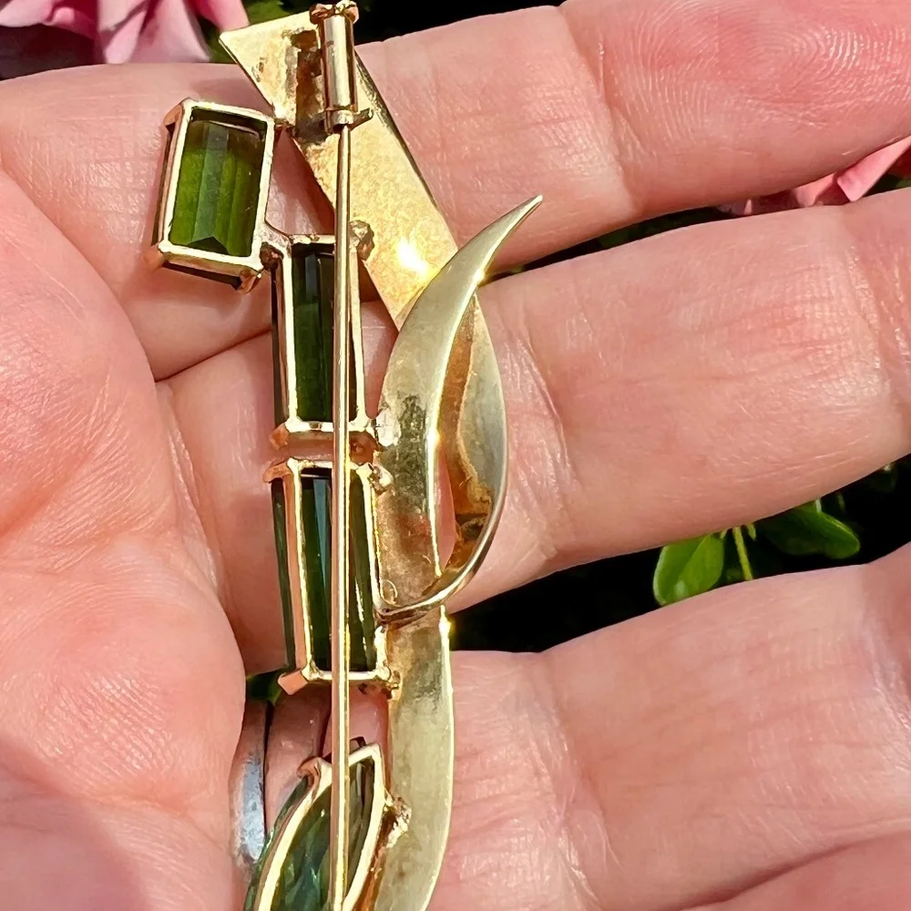 VINTAGE 18K GOLD CUSTOM LARGE GREEN TOURMALINE PIN BROOCH STATEMENT FLORENTINE